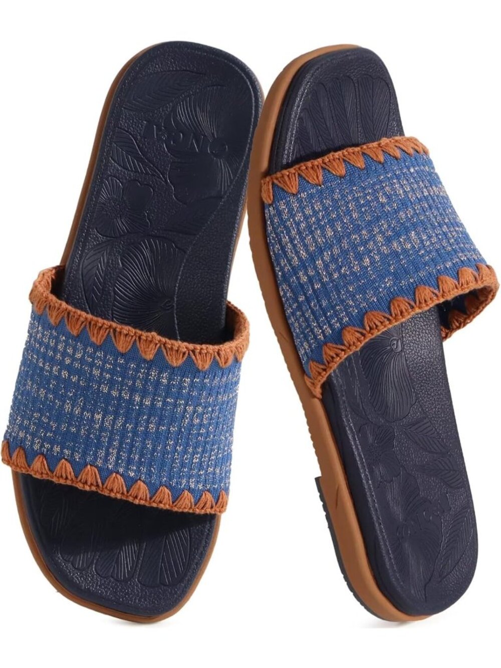 Women’s Khaki Blue Flat Slides Sandals Soft Knitted with Golden Thread Walking